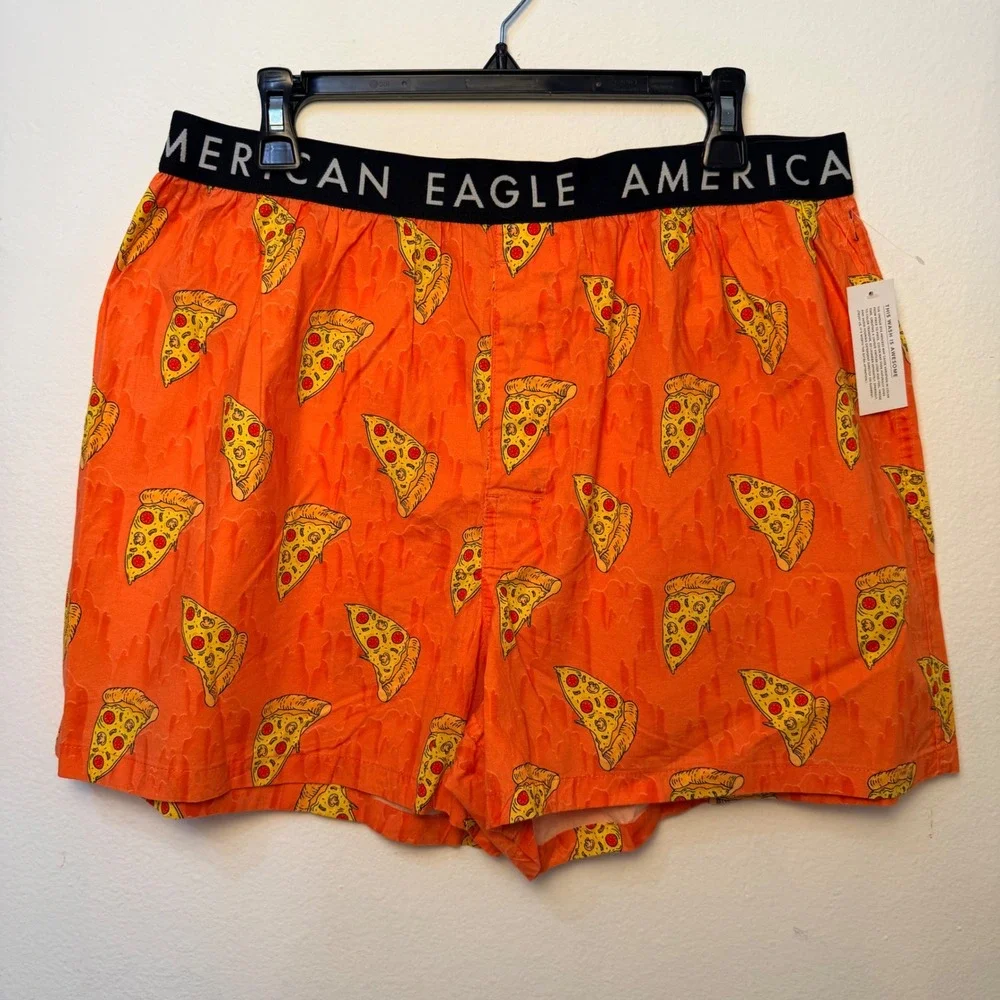 American Eagle Mens XL Pizza Print Boxer Shorts Orange Elastic Waistband NEW